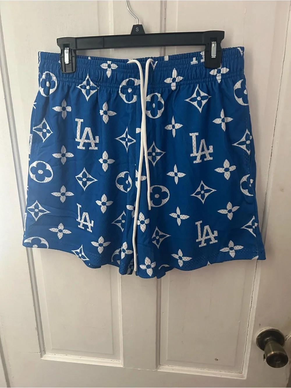 Bravest Studios Blue and White Graphic Men's Swim Trunks..